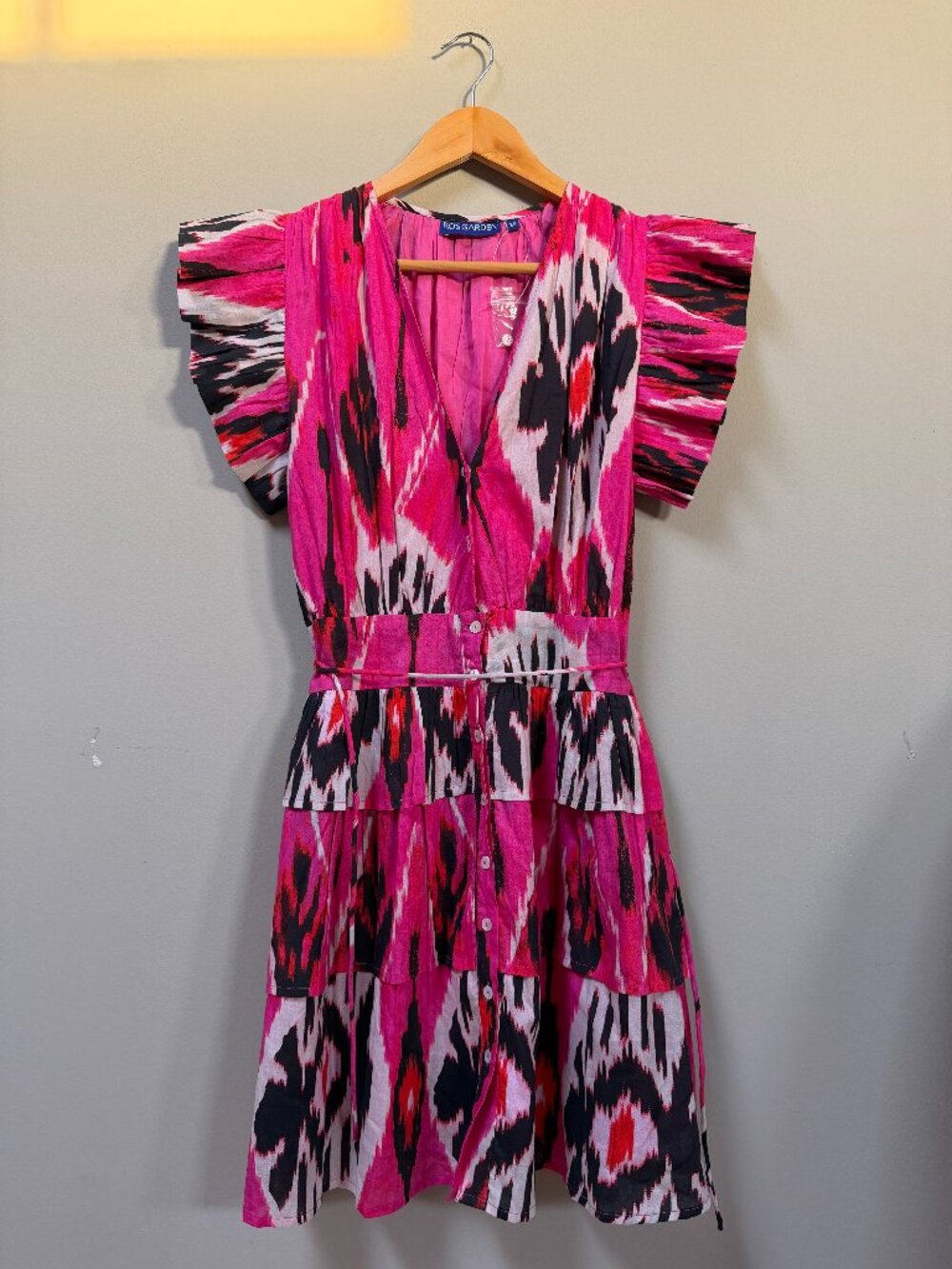 Anthropologie Ro's Garden Ikat Mini Dress Pink Black XS